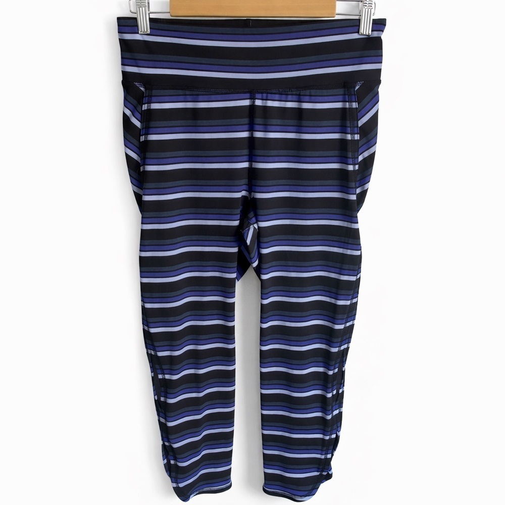 Free People Movement Striped Cropped Leggings Blue Black Slit Detail Pockets L